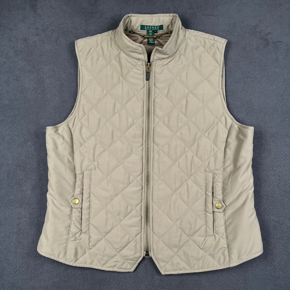 Lauren Ralph Lauren Quilted Vest Womens Large Beige Full Zip Equestrian Snaps